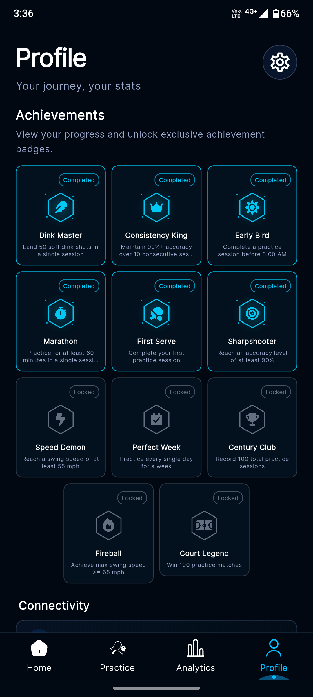 Actual VyroIQ achievement gallery with First Serve, Sharpshooter and training milestones