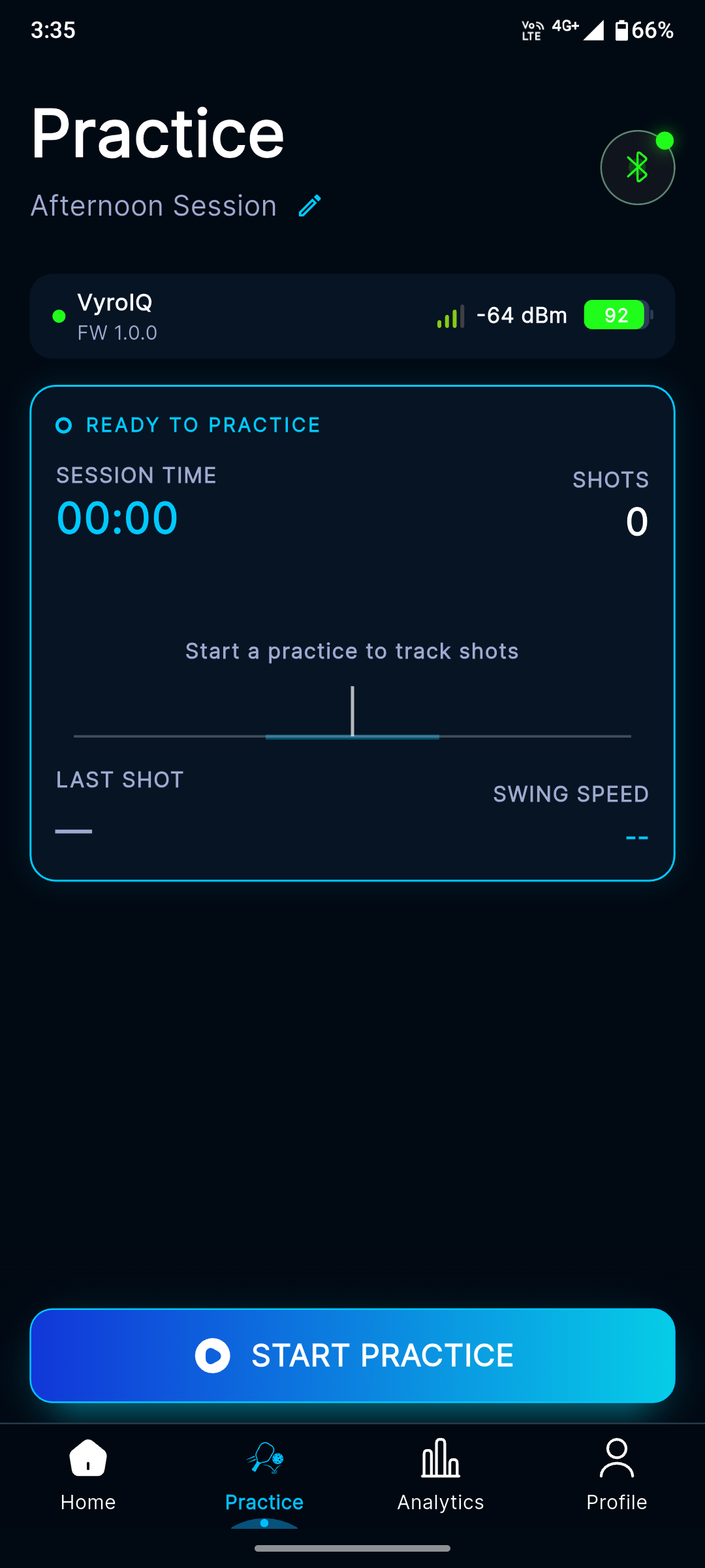 Actual VyroIQ app sensor readiness screen showing RSSI, battery, firmware and Start Practice